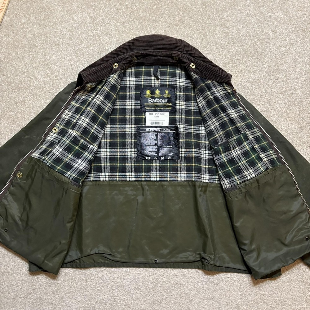 Vtg Barbour A130 Spey Jacket Mens Large Short Green Waxed Made England Hooded - Picture 8 of 16